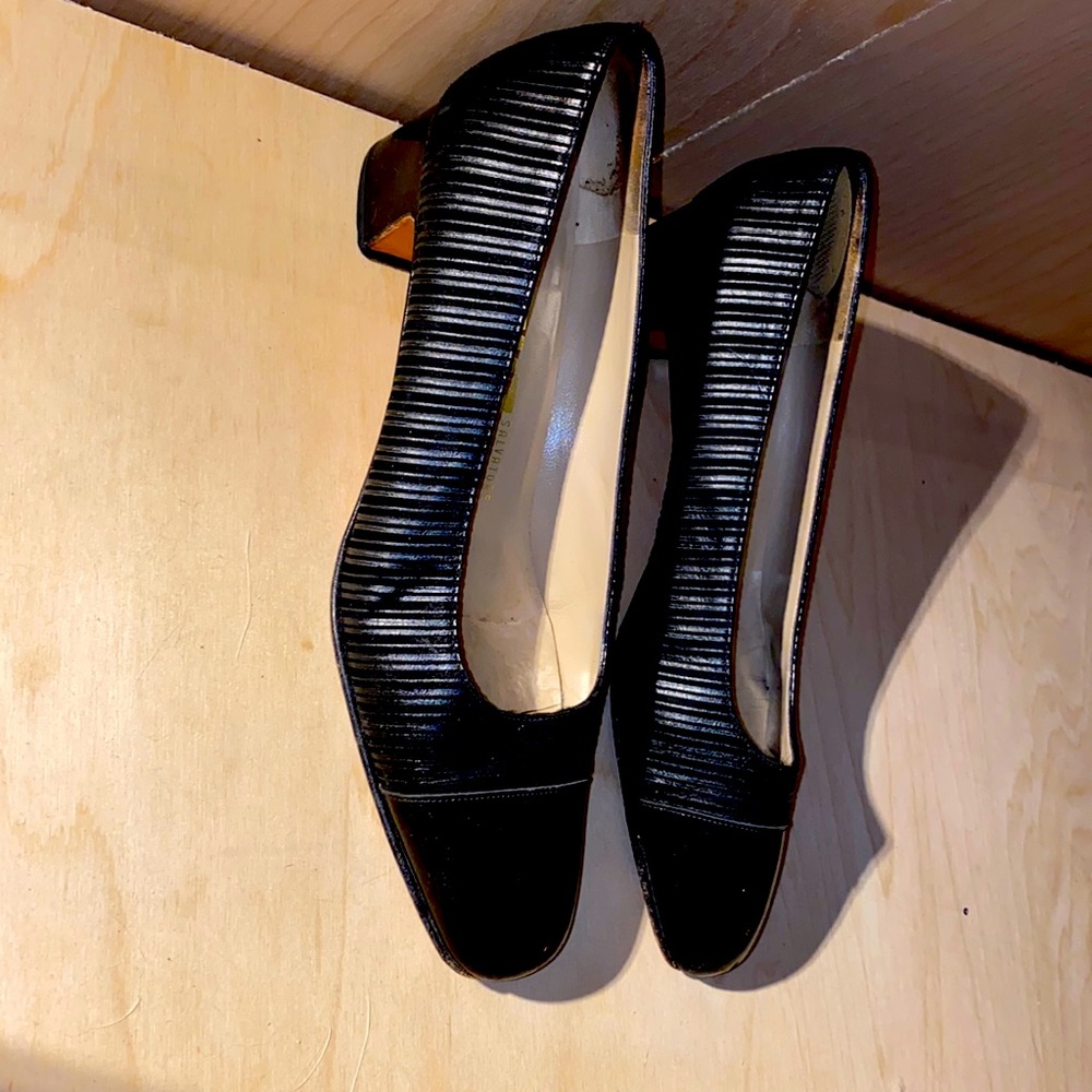 Black satin square toe Ferragamo pump